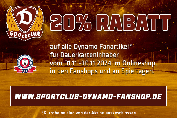 20% Rabatt für Dauerkarteninhaber im SC Dynamo Onlineshop vom 01.11.-30.11.2024